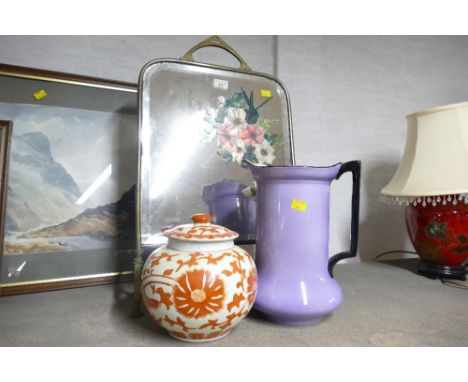 Arts & Crafts style brass framed mirrored firescreen with floral decoration, purple ceramic jug and lidded Oriental style pot