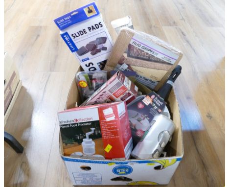 Box of manual food processor, Russell Hobbs frying pan, spice jar set, bottle opener etc