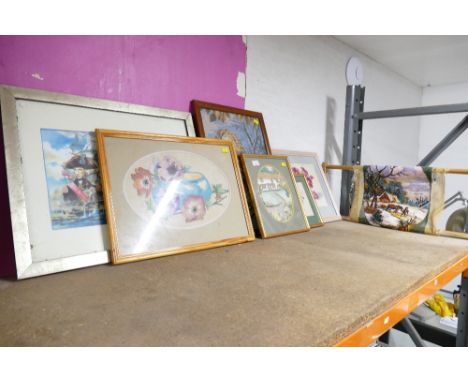 Five tapestry and needlepoint pictures and picture of HMS Victory