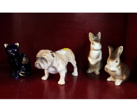 Two Poole Pottery rabbits, Adderley bulldog and Limoges cat 