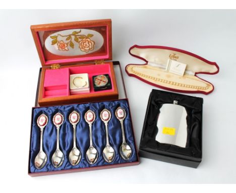 Hip flask, cased set of Lotus pearls, jewellery box and set of spoons