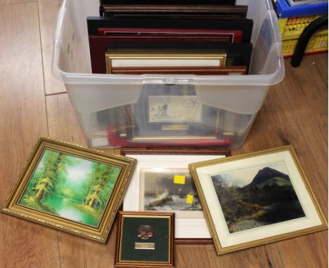 Box of pictures and prints, etching of Maryport Pier etc