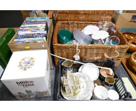 Wicker picnic hamper with plastic picnic ware, box of DVD'S, Lilliput Lane church ornament and collection of decorative plate