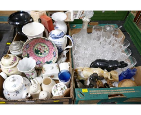 Two boxes of vases, teapots, trinket pots, elephant and bull ornaments, animal figures, glassware, decanter etc  