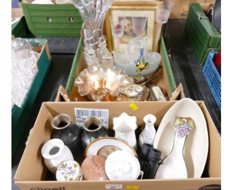 Two boxes of Carnival Glass, condiment set, wine glasses, pictures, cloissone vases, trinket dishes etc 