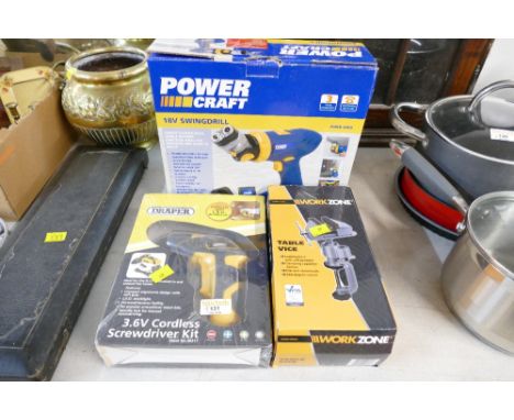 Powercraft 18 volt swing drill, Draper cordless screwdriver kit and Workzone table vice