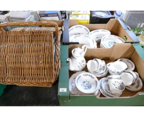 Two boxes of Mayfair Indian Tree pattern dinner and tea service and wicker hamper of vinyl LP's
