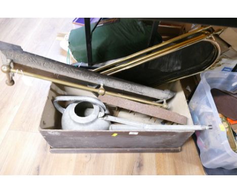 Wooden box of firescreen, fire kerb and aluminium watering can