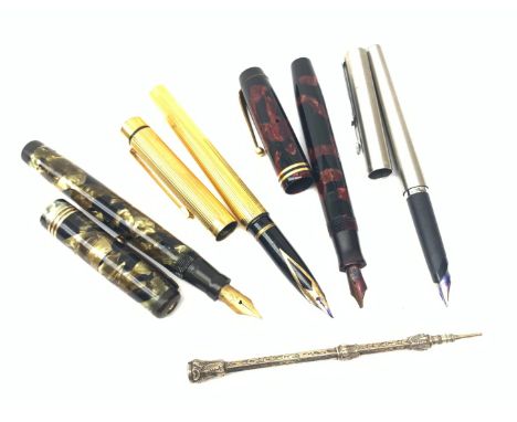 A vintage Parker Duofold fountain pen with 14K nib, together with a Swan Mabie Todd fountain pen with 14ct nib, a gold plated
