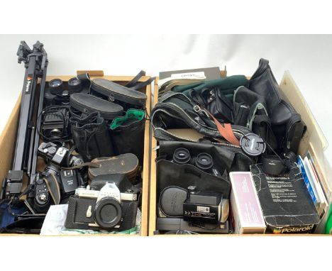 A collection of assorted cameras and accessories, to include examples by Praktica, Zenit,and Ilford examples, a Prisma tripod