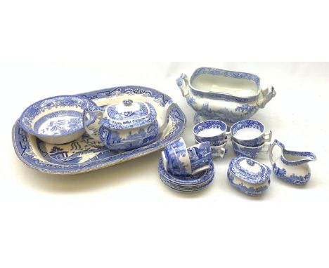 A Spode Italian pattern blue and white teaset, comprising teapot, six teacups, six saucers, milk jug, sucrier, and serving bo