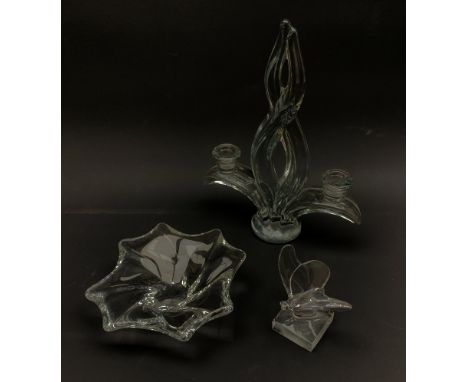 A Vannes French Art Glass candlestick, modelled in the form of a flame with twin branches, H8.5cm, together with a Baccarat g