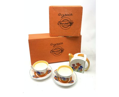 A limited edition Wedgwood Clarice Cliff Tea For Two set, comprising teapot, and two teacups and saucers, decorated in the cr