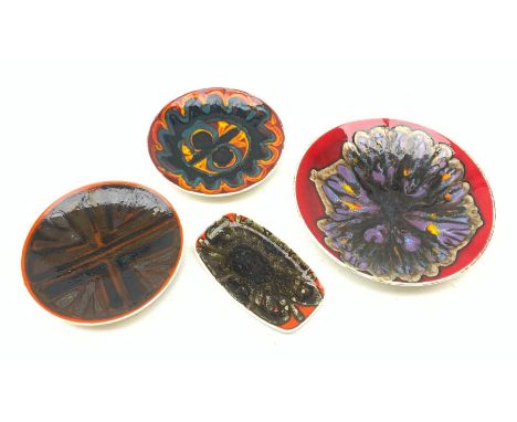 Four pieces of Poole Delphis Pottery, comprising a large bowl, shape 4, D27cm, two smaller dishes, shape 3, D20.5cm, and a tr