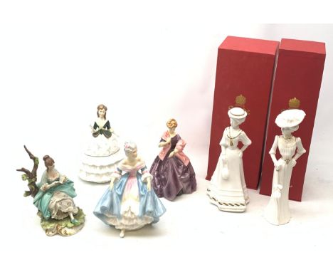 A group of figurines, comprising two boxed Spode Pauline Shine examples, Lily and Olivia (one a/f), a Royal Douton figurine F