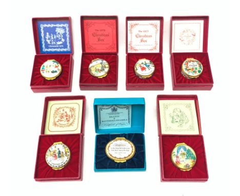 A collection of seven boxed Bilston and Battersea, and Halcyon Days enamel boxes, comprising Halcyon Days Christmas 1981, 198