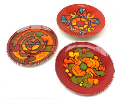 Three pieces of Poole Delphis Pottery, comprising a dish, shape 4, D26.5cm, and two plates, shape 4A, D25.5cm.  - Condition R
