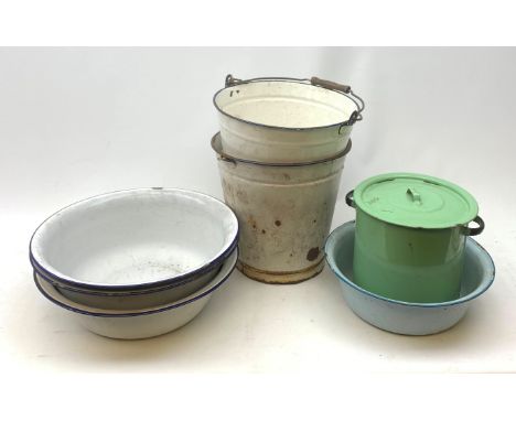 A collection of various enamel basins and buckets.  - Condition Report 
