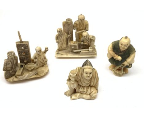 Two Japanese carved ivory netsukes, the first modelled as a male figure seated and holding a cup, with character marks beneat
