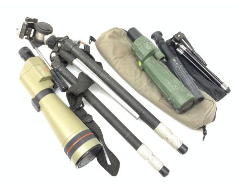 A Kowa Prominar tsn-4 spotting scope with case, together with a Mirador scope, and a further smaller unmarked scope with case