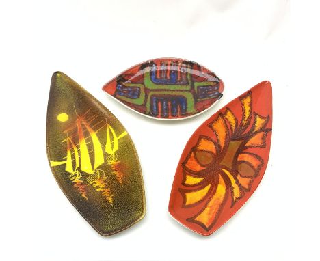 A Poole Pottery Aegean spear dish, together with a Delphis example, each shape 82, largest L44cm, and a Poole Delphis tear pl