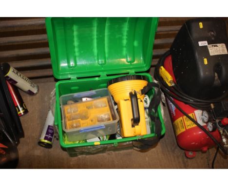 A box containing various tools; a rechargeable torch etc