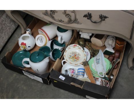Two boxes of various sundry glass and china to include a Royal Worcester egg coddler, Denby "Greenwheat" patterned teaware et