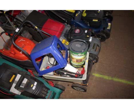 A folding sack barrow and a tray of various sundry tools etc