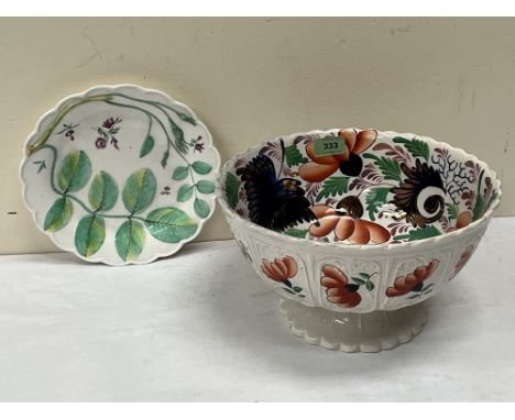 A Victorian cottage lustre fruit bowl, 11½' diam; a Royal Worcester plate decorated with rose flowers and foliage in low reli