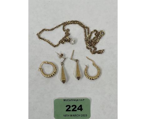 Two pairs of 9ct earrings and a 9ct gemset pendant and chain. 5g gross