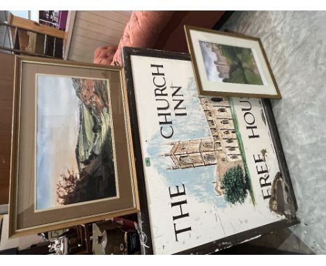 A pub sign from the Church Inn Ludlow, (A.F.) a print and a watercolour, both local scenes 