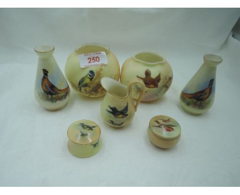 A selection of Royal Worcester hand decorated trinkets including mirrored pheasant vase
Slight wear to gilt, No visible fault