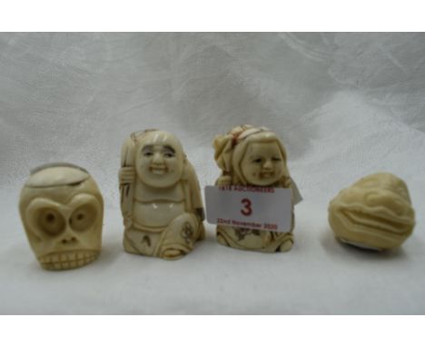 A selection of hand carved Japanese Netsuke and Okimono including double faced monkey head, Moks and mythical fish
Condition 