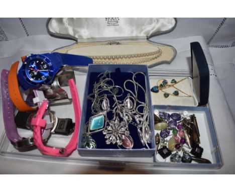 A selection of costume jewellery and wrist watches  including cuff bangle, Paua shell jewellery, simulated pearls, earrings, 