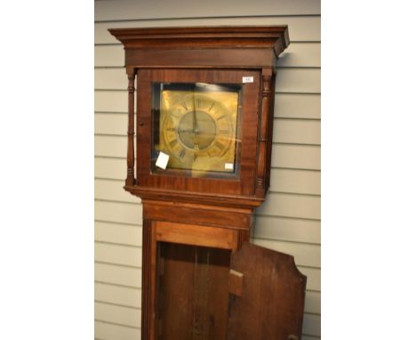 An oak and mahogany longcase clock having 18th Century 30 hour movement with brass dial named with monogram possibly AR (feci