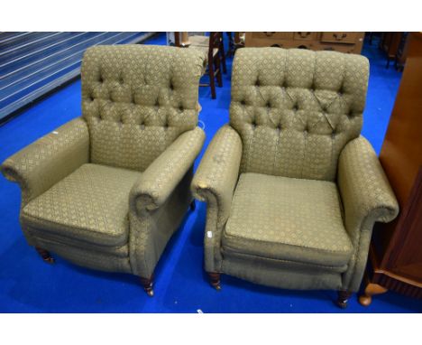 A pair of modern button back easy chairs, labelled Greensmith, as found