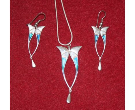 A Scottish silver and enamel pendant, Edinburgh 1982, in the Art Nouveau taste together with a matching pair of ear pendants
