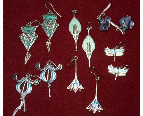 Six pairs of silver and enamel earrings in the Art Nouveau taste