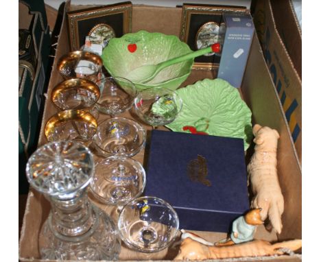 A pair of Beswick retrievers, together with Beatrix Potter "Foxy Whiskered Gentleman", Babycham glasses, decanter, Carltonwar