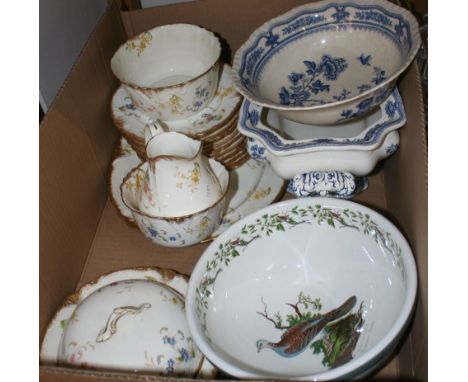 Foley China teaware including plates, jugs, sugar bowls and muffin dish, together with blue and white bowl, tureen and Port M