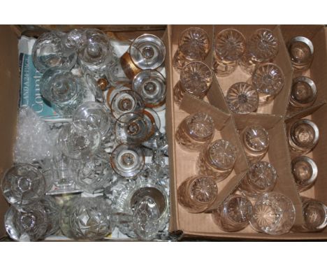 A box of drinking glasses, together with three boxes of china including Royal Worcester tableware, decorative plates, blue an