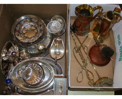 Cutlery tray with contents of loose cutlery, together with brass and copper companion set and jug and other items. and a box 