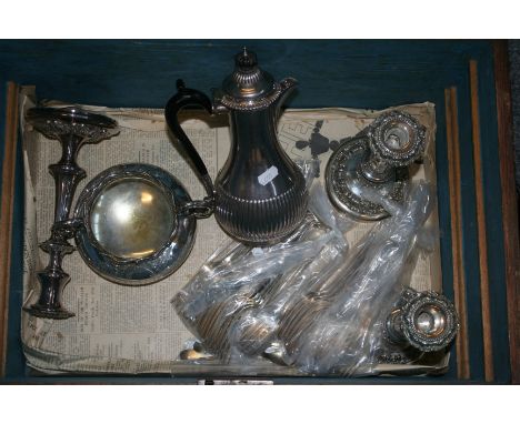 A pair of Old Sheffield Plate candlesticks with gadrooned borders, a sugar bowl, hot water jug and various plated wares conta