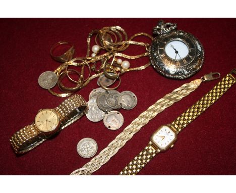 A 9ct gold bracelet, a 9ct gold triple ring, a 9ct signet ring, two 14K gold wedding bands and other jewellery