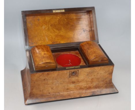 A Victorian walnut Tunbridgeware inset domed topped tea caddy length 35.5cm