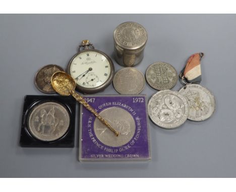 Small group of collectables, including pocket watch, spoon medallions etc.