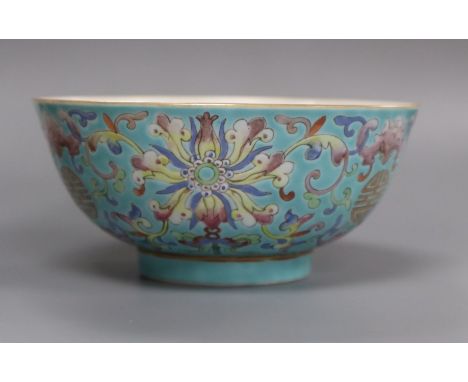 A Chinese turquoise ground bowl, Yongzheng seal mark but late 19th/early 20th century