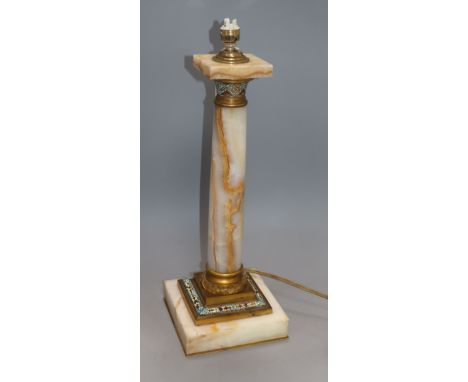 A marble column table lamp, with champleve enamelling to base height 39.5cm excluding light fittings