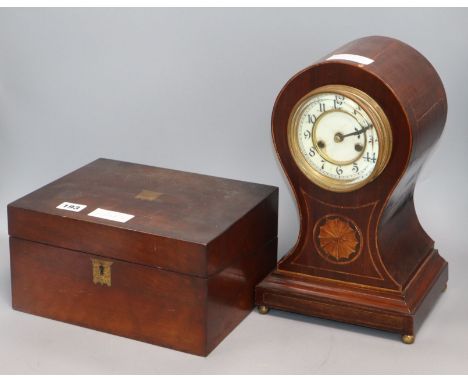 An Edwardian mantel clock, a drawing set and a writing slope