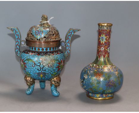 A 19th century Chinese cloisonne enamel tripod censer and cover and a bottle vase tallest 17cm